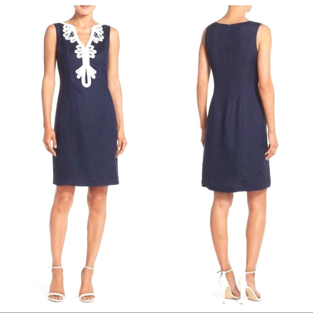 NWT ELIZA J Linen Embroidered Neck Sheath Dress Navy 4